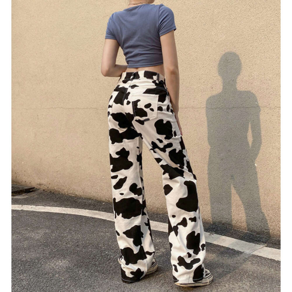 Street Style Women's Clothing 2024 Summer Trendy Brand Cow Print High Waisted Straight Leg Casual Jeans and Floor Mop Pants