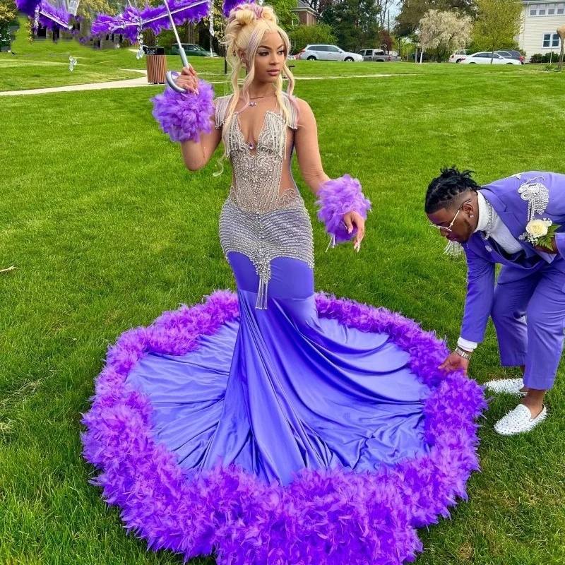 Purple Prom Dresses For Black Girls Rhinestone Feathers African Women Mermaid Party Gowns Vestidos De Festa