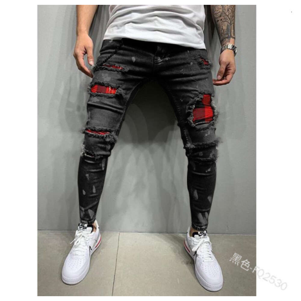2024 Spring Festival Does Not Close. Men's Distressed Printed with Patches and Elastic Small Leg Jeans