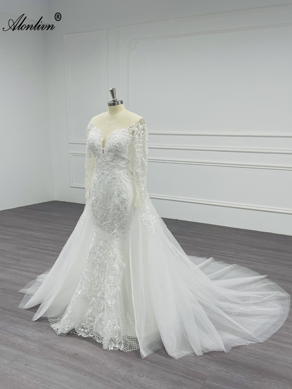 Alonlivn Elegant Mermaid Wedding Dress With Detachable Train 2 In 1 Tulle Beading Embroidery Bridal Gowns