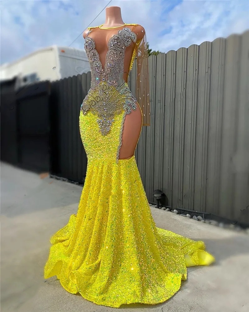 Yellow O Neck Long Prom Gowns For Black Girls Beaded Crystal Birthday Party Dresses Sequined Evening Dress Robe De Bal 0431
