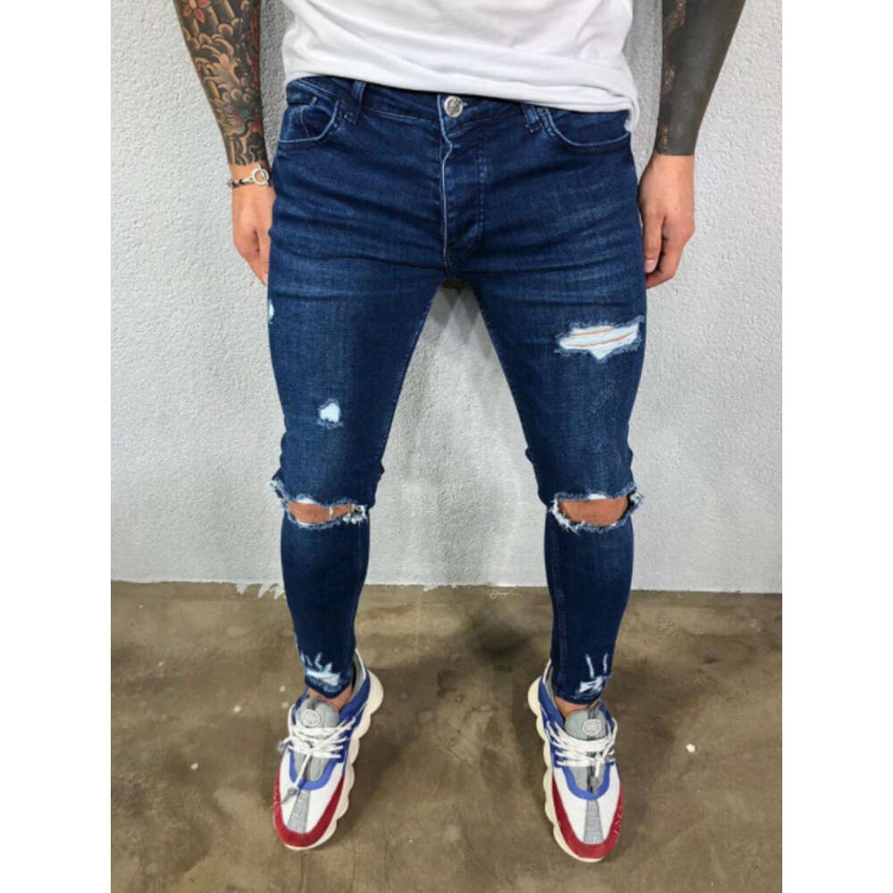 Spring Festival Does Not Close, High-quality Men's Distressed Elastic Leg Jeans with Torn New Styles