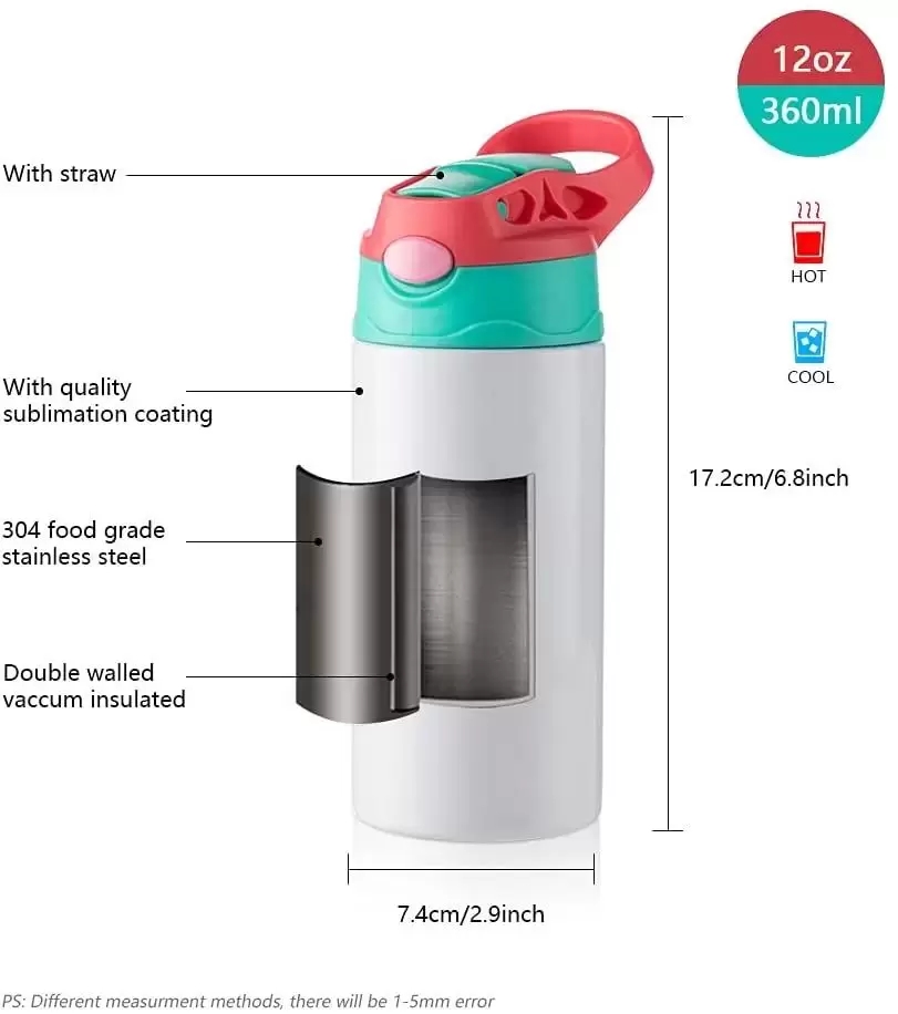 12oz Sublimation Blanks Kids Mugs Tumbler Baby Bottle Sippy Cups White Water Bottle with Straw and Portable Lid 6 Color Lids FY5286