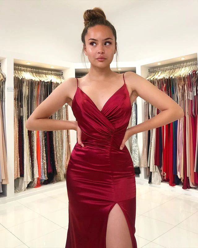Sexy Bury Red Mermaid Bridesmaid Dresses Spaghetti Straps Sheath Women Prom Evening Gowns With Split 6660311