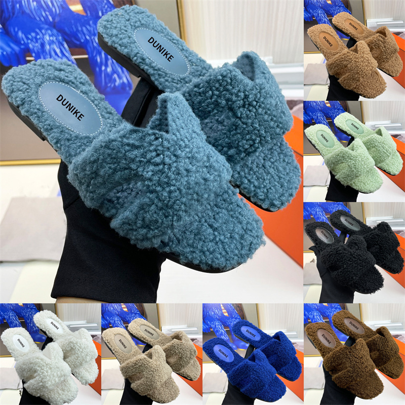 Designer slide for women Fur Slides Sandals Flat Sheepskin slippers Womens Wool Fluffy Furry slipper Comfortable sandal deep blue navy brown mint black casual Shoes