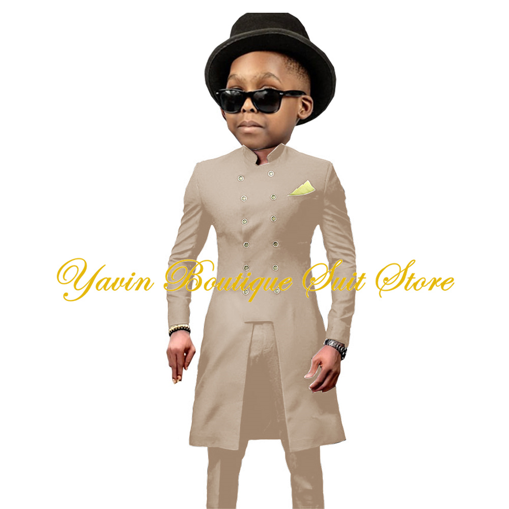 Indian Style Boy's Suit 2 Pieces Long Double Breasted Jacket Pants Set Wedding Party Tuxedo Formal Kids Blazer Clothes