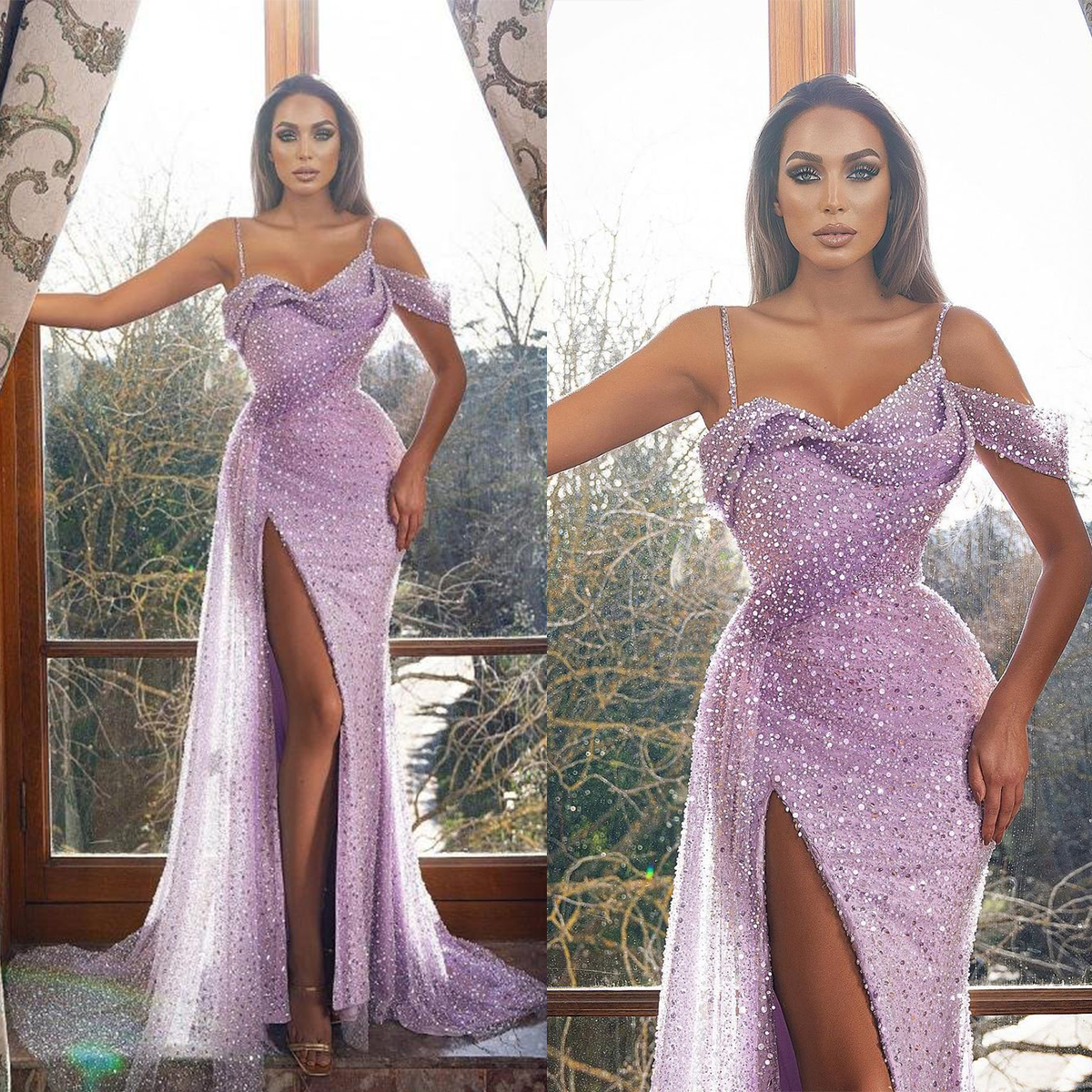 Pearls Glitter Evening Sequins Mermaid Prom Gowns Spaghetti Strap Side Split Custom Made For Formal Party Dresses Plus Size Mal 6660306