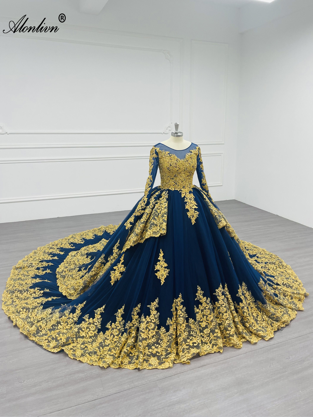 Alonlivn100% Real Photos Luxury Ball Gown Wedding Dress With Beading Rhinestones Pearls Golden Embroidery Lace Full Sleeve Colorful Bridal Gowns