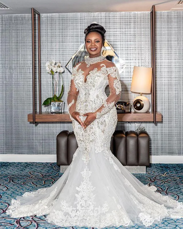 African Nigerian Crystal Dresses Sheer Long Sleeves Lace Beaded Mermaid Bridal Wedding Gowns Elegant Robe De Mariee