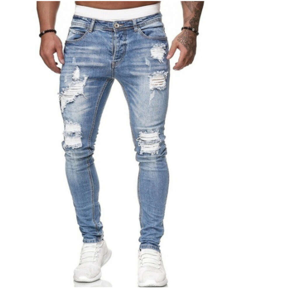 New Style Men's Pants with Holes, Ground White Slim Fit Denim Pants, Fashionable Leggings, Not Closed for Spring Festival