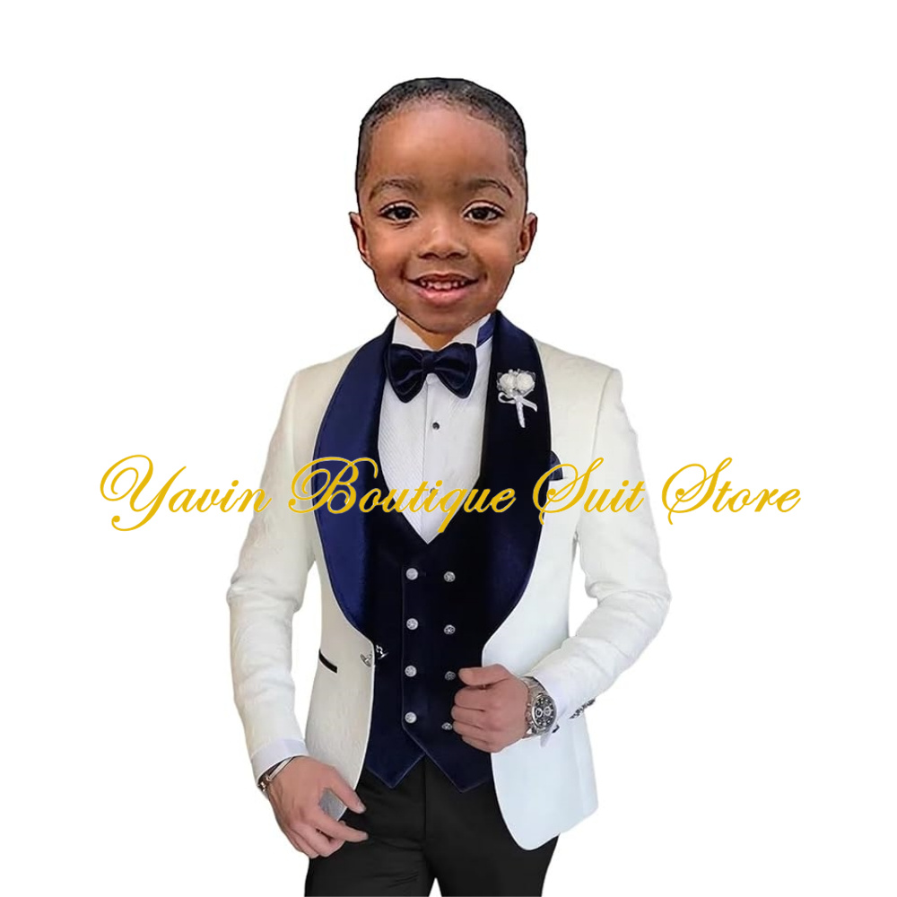 Formal Boy Tuxedo Slim Fit White Jacquard Suit Wedding Prom 3 Piece Blazer Velvet Vest Pants Set