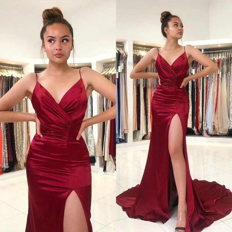 Sexy Bury Red Mermaid Bridesmaid Dresses Spaghetti Straps Sheath Women Prom Evening Gowns With Split 6660311
