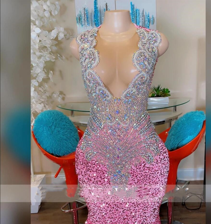 Glitter Pink Sequined Mermaid Prom Dress 2024 For Black Girls Sheer Crew Neck Sparkly Crystal Rhinestones Beading Formal Birthday Party Evening Gown V