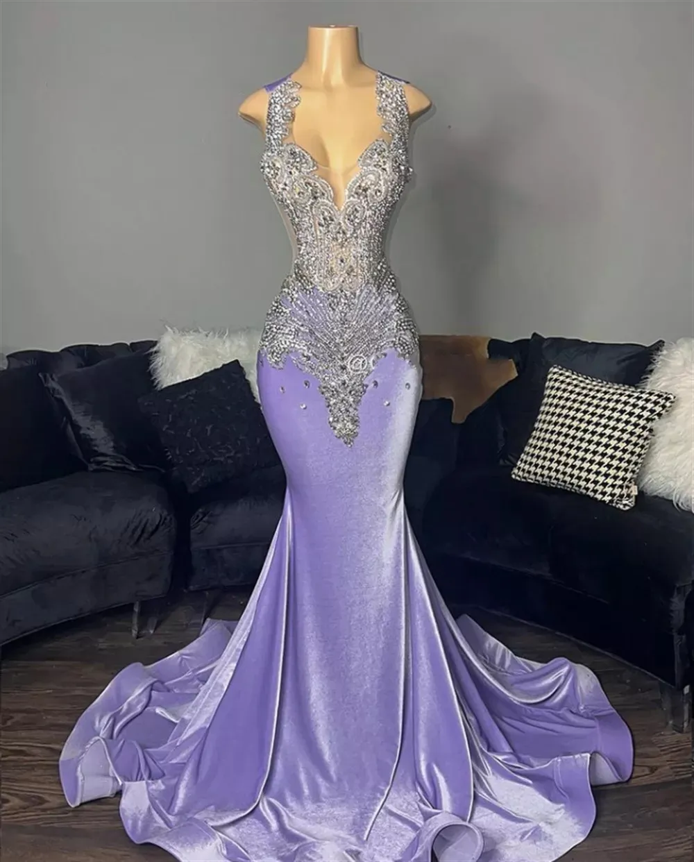Light Purple Veet Mermiad Prom 2024 For Black Girls Beaded Spaghetti Graduations Dresses Birthday Party Gowns 0222