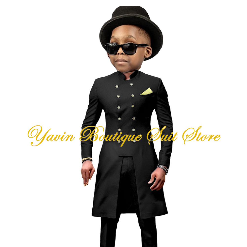Indian Style Boy's Suit 2 Pieces Long Double Breasted Jacket Pants Set Wedding Party Tuxedo Formal Kids Blazer Clothes