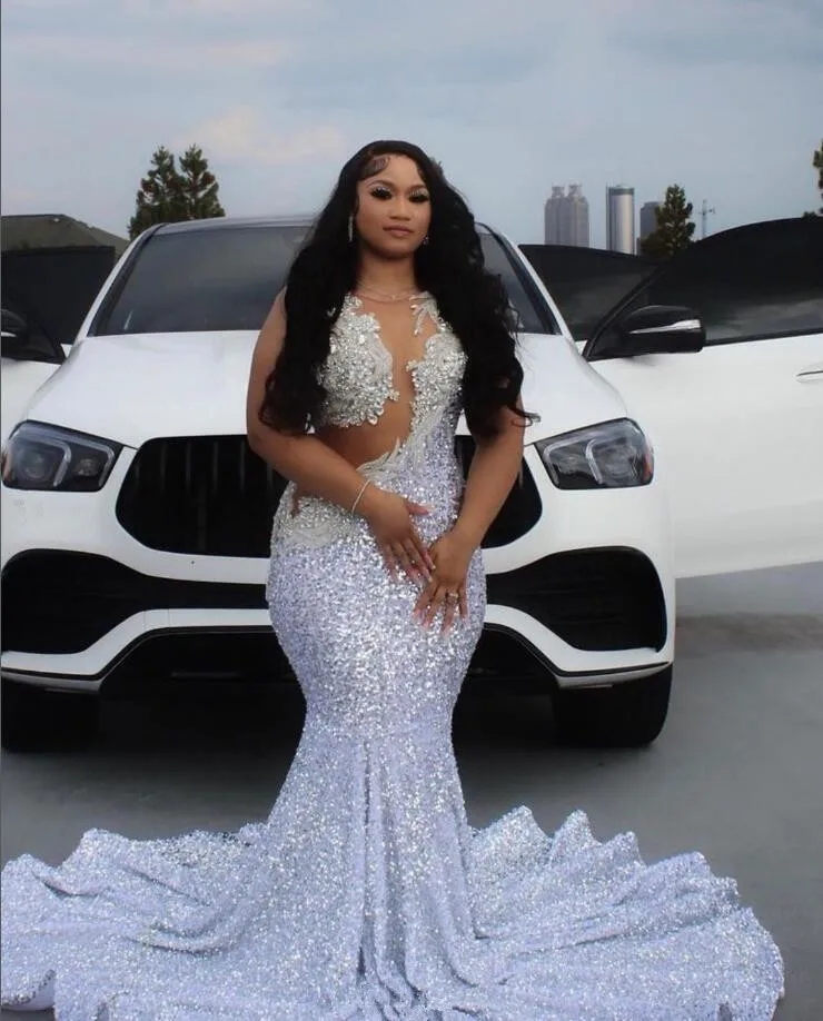 White Shimmering Sequins Mermaid Prom Dress Sexy Sheer Lace Appliques Plus Size Gown