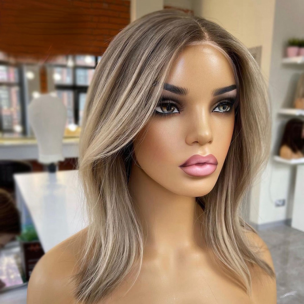 Premium Blonde Lace Front Human Hair Wig with Brown Highlights, Short Wavy Style for Women - 180% Density dh910320090