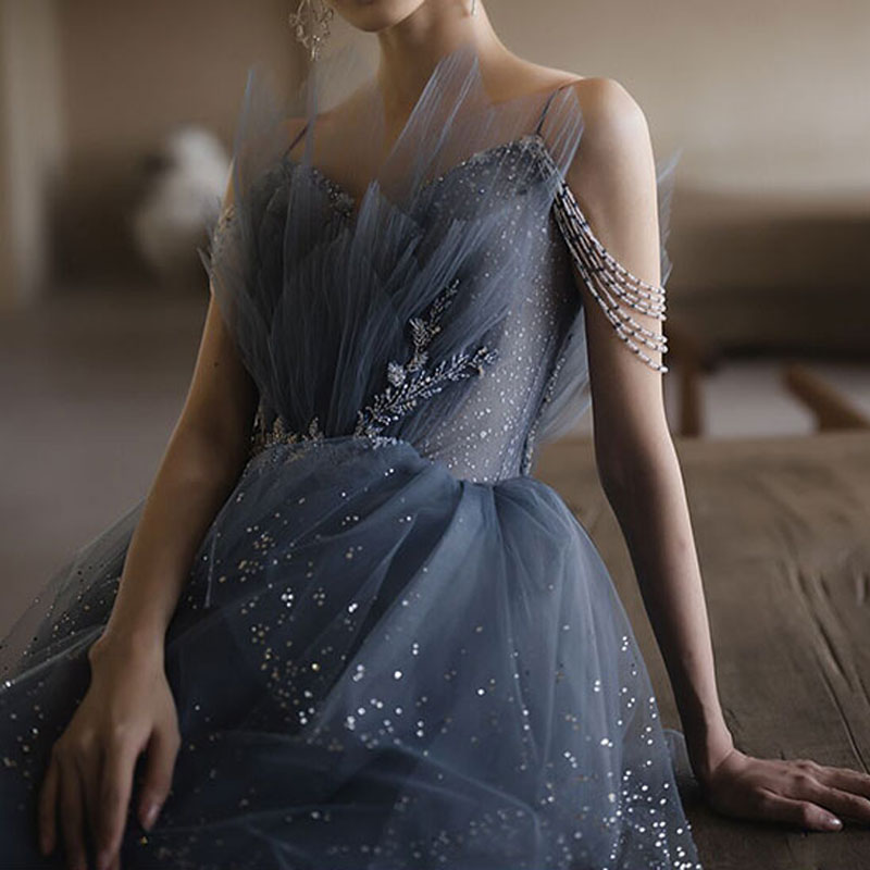 Stunning Blue Evening Dresses Layers Tulle with Beading Long Prom Dresses Lace-up Back High Waist