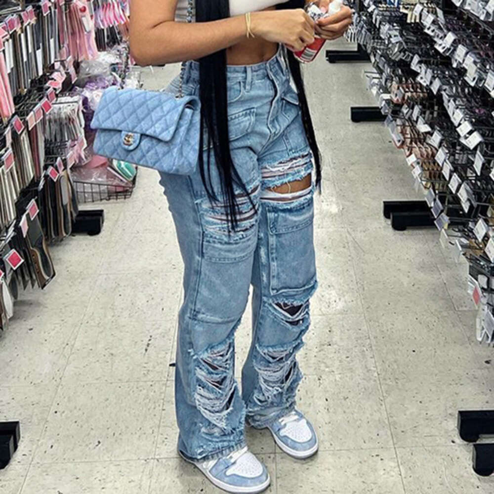 2024 Street Beggar's Distressed and Rough Edge Patchwork Denim Pants with A Straight Fit Design