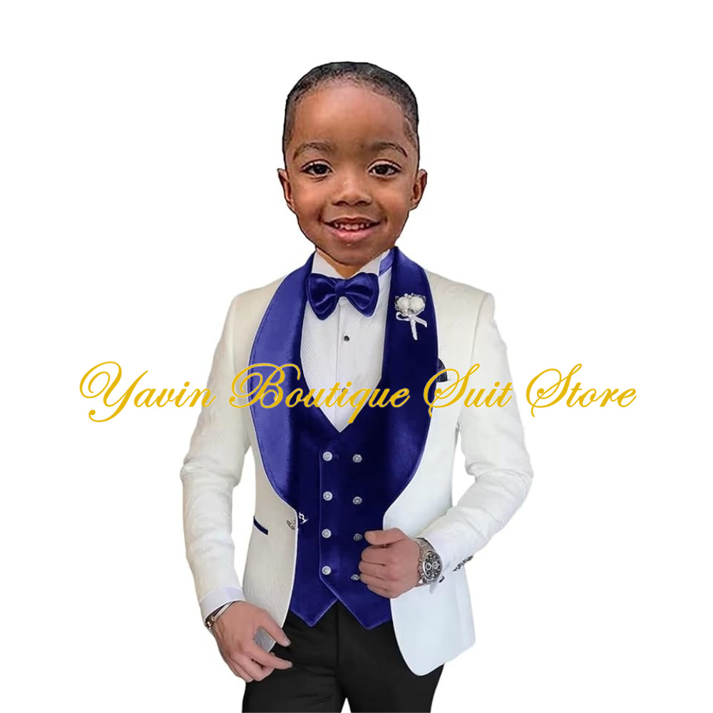 Formal Boy Tuxedo Slim Fit White Jacquard Suit Wedding Prom 3 Piece Blazer Velvet Vest Pants Set