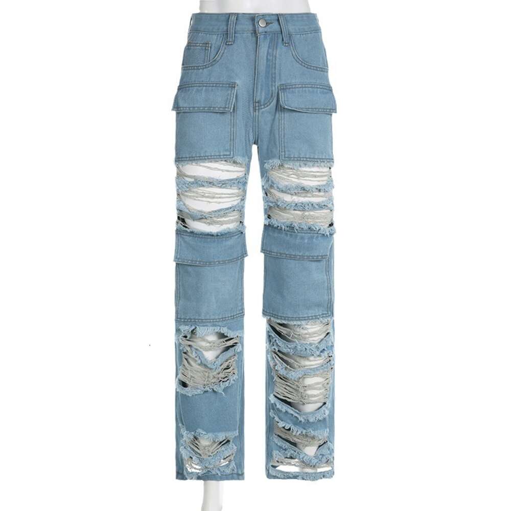 2024 Street Beggar's Distressed and Rough Edge Patchwork Denim Pants with A Straight Fit Design