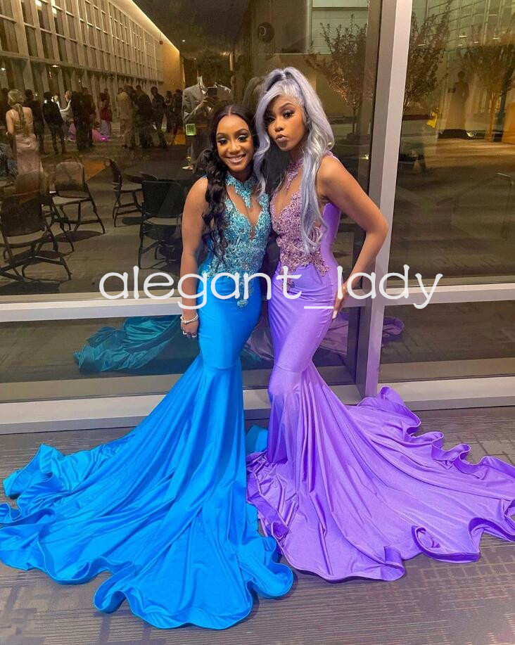 Blue Purple African Mermaid Evening Formal Dresses for Women Luxury Crystal Applique Prom Ceremony Dress vestidos de fiesta