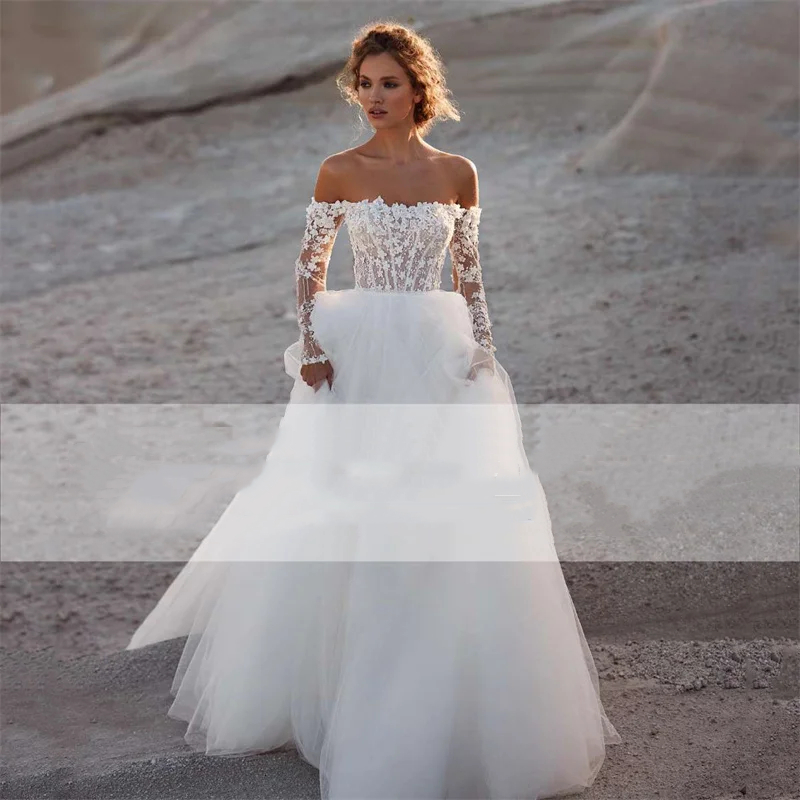 Off The Shoulder Boho Wedding Dress Long Sleeves Ivory Tulle A Line Bridal Gowns 3D Floral Appliques Corset Beach Bride Dresses Custom Made