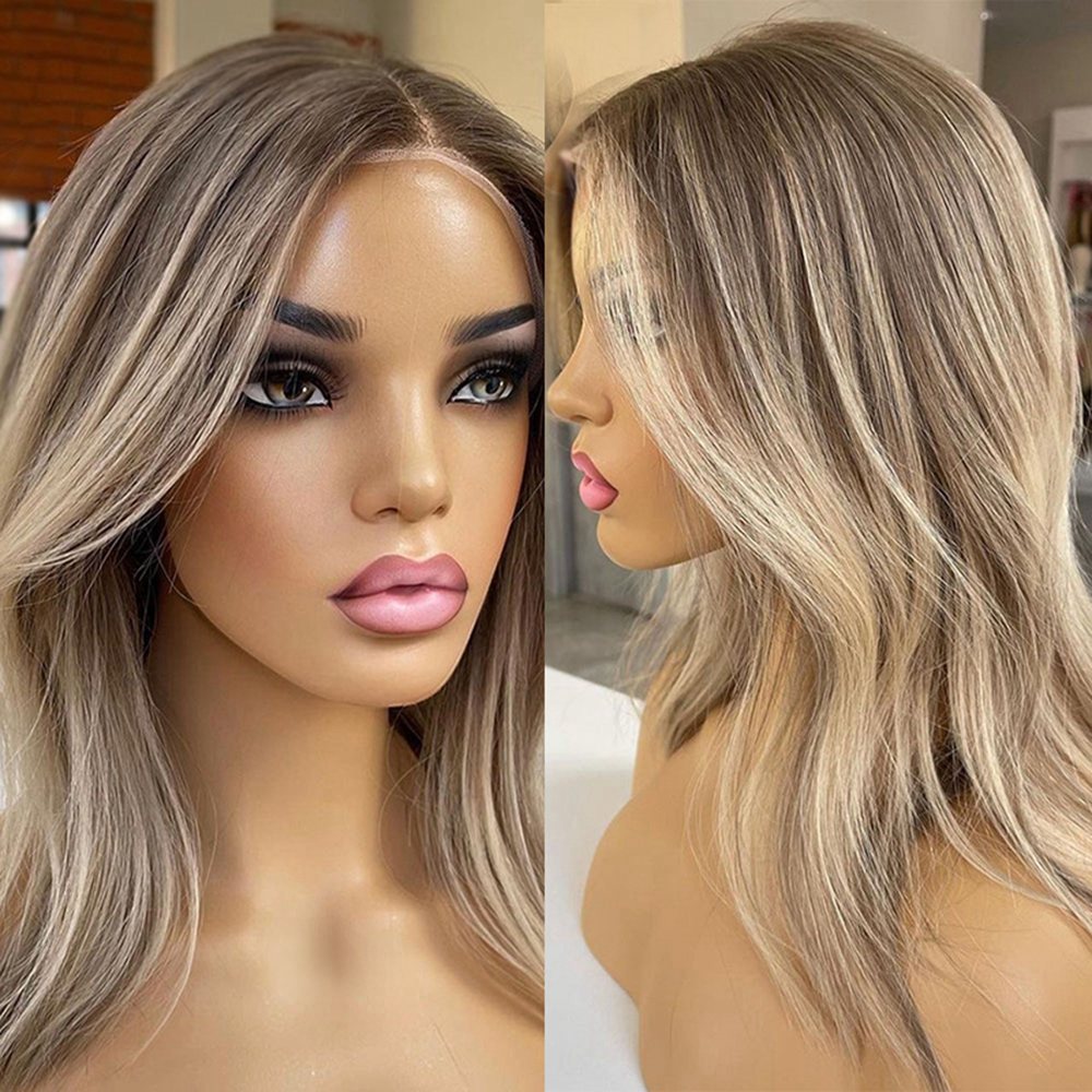 Premium Blonde Lace Front Human Hair Wig with Brown Highlights, Short Wavy Style for Women - 180% Density dh910320090