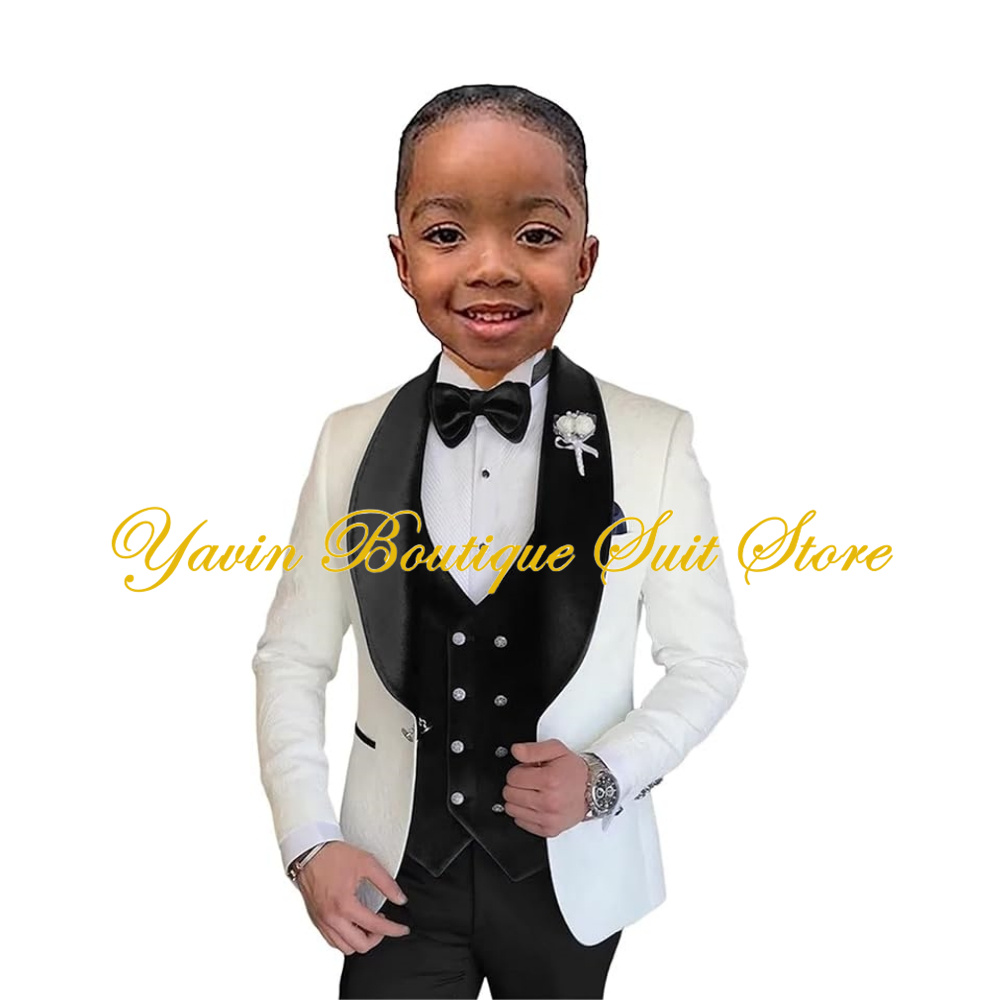 Formal Boy Tuxedo Slim Fit White Jacquard Suit Wedding Prom 3 Piece Blazer Velvet Vest Pants Set