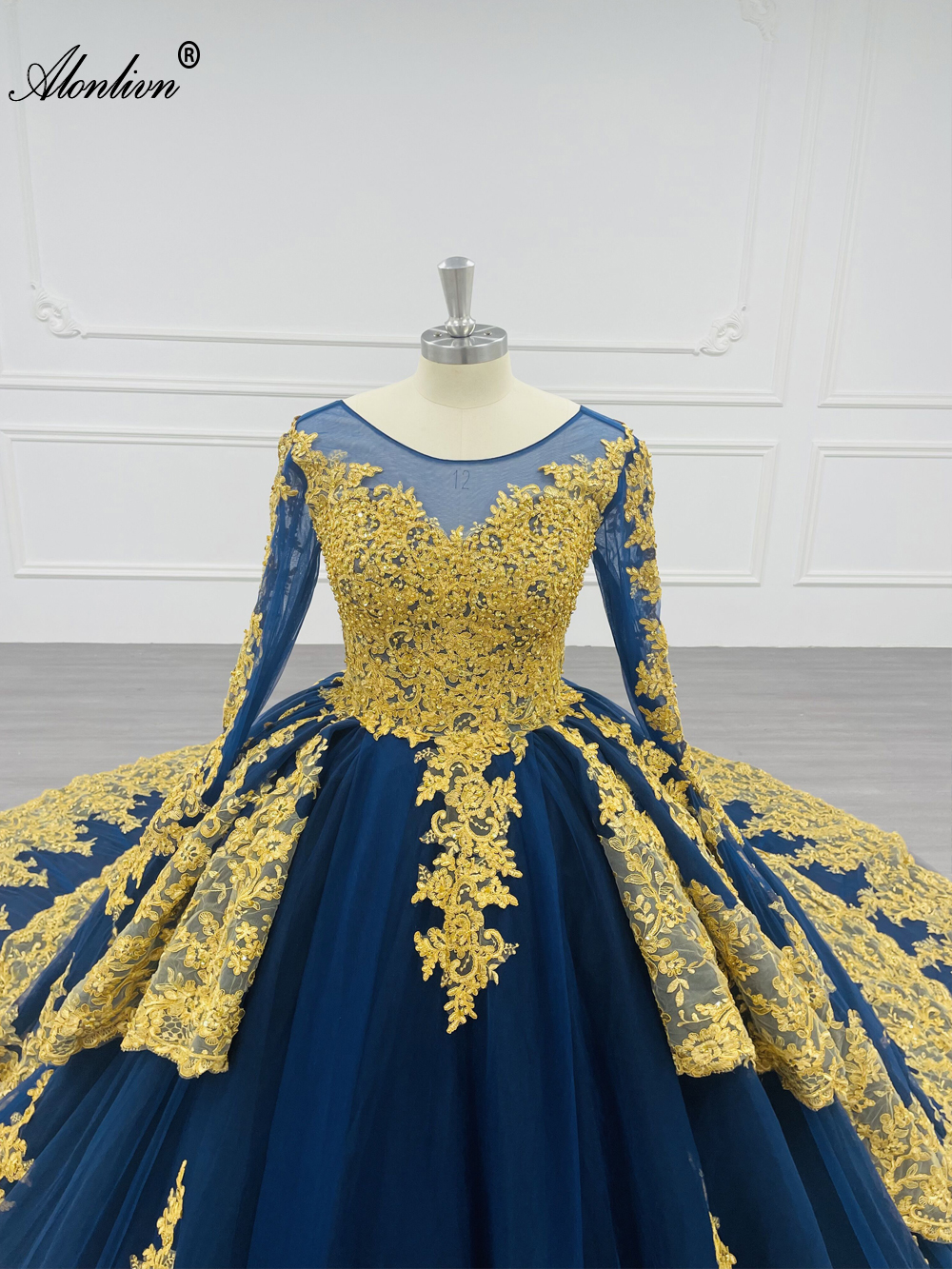 Alonlivn100% Real Photos Luxury Ball Gown Wedding Dress With Beading Rhinestones Pearls Golden Embroidery Lace Full Sleeve Colorful Bridal Gowns