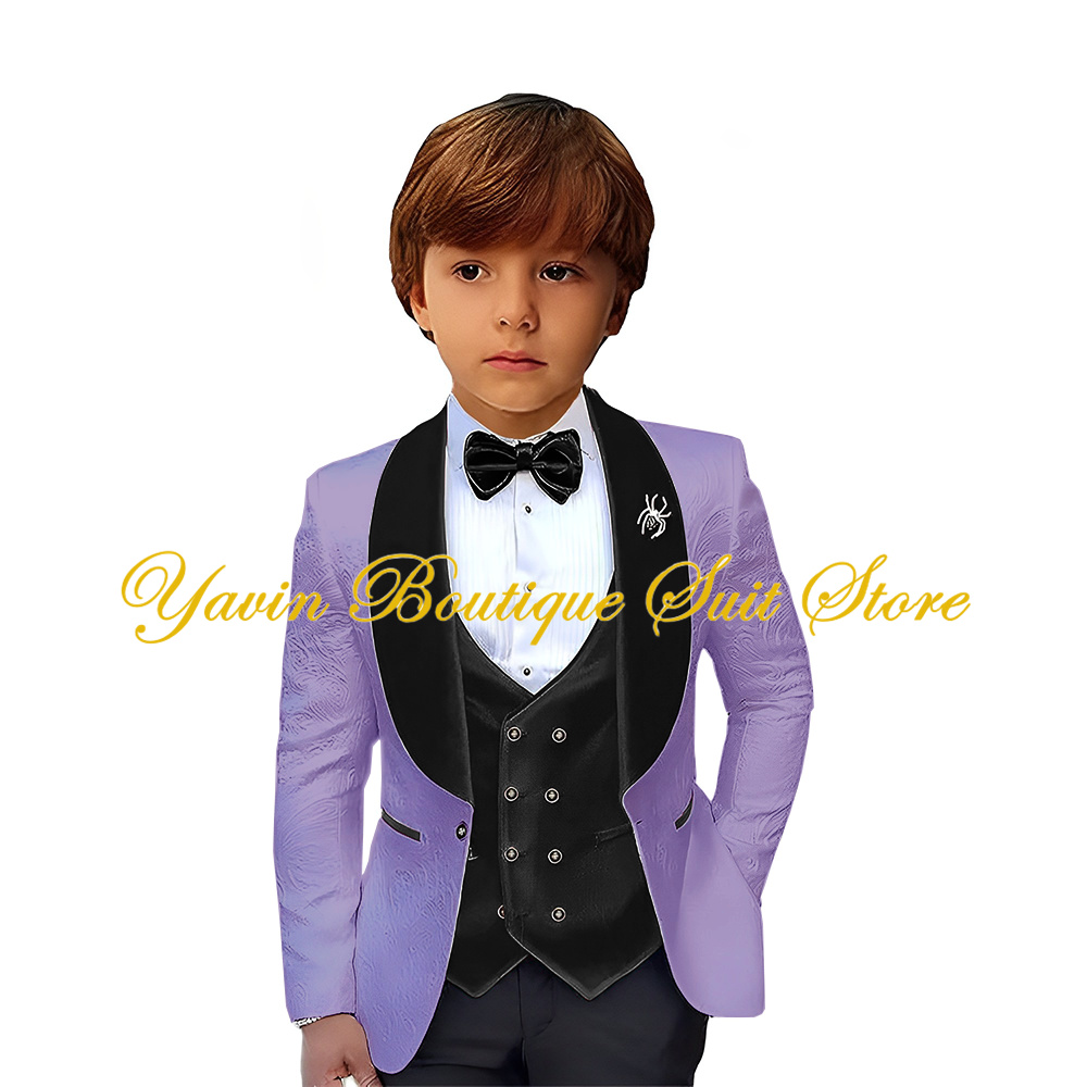 Velvet Collar Boy Suit Jacquard Blazer 3 Pieces Jacket Pants Vest Set Kids Wedding Tuxedo Formal Children Outfit
