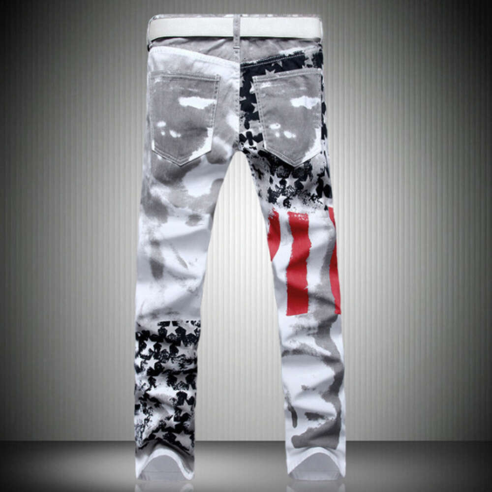 US Flag Printed Jeans High Stretch Slim Fit Casual Five Point Star Red Stripe Large Pants