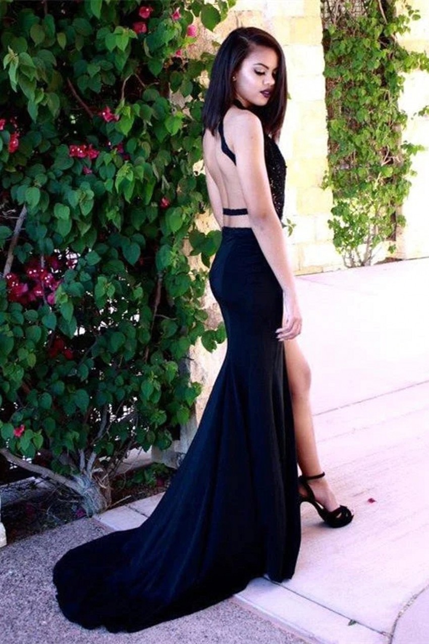 Sexy Black Mermaid Prom Dresses Halter Neck Open Back High Split Evening Gowns Appliques Sequined Satin Long Women Party Occasion Wears