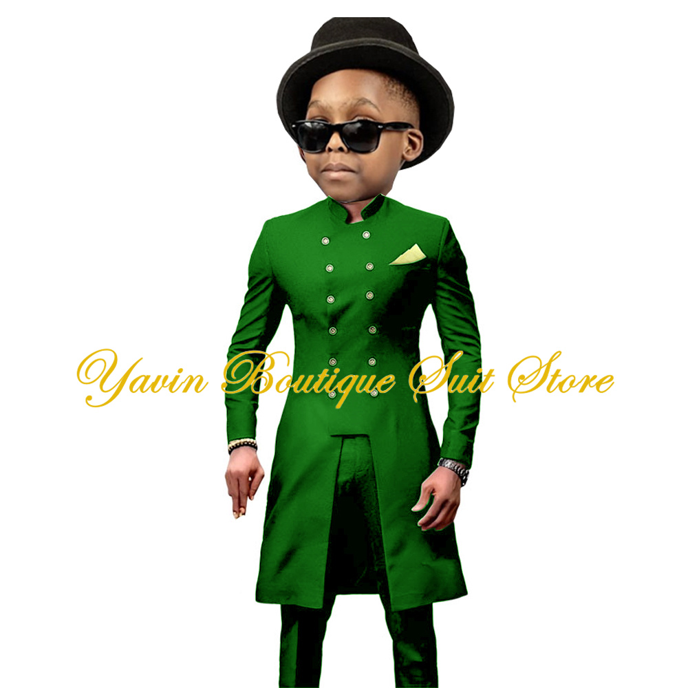Indian Style Boy's Suit 2 Pieces Long Double Breasted Jacket Pants Set Wedding Party Tuxedo Formal Kids Blazer Clothes