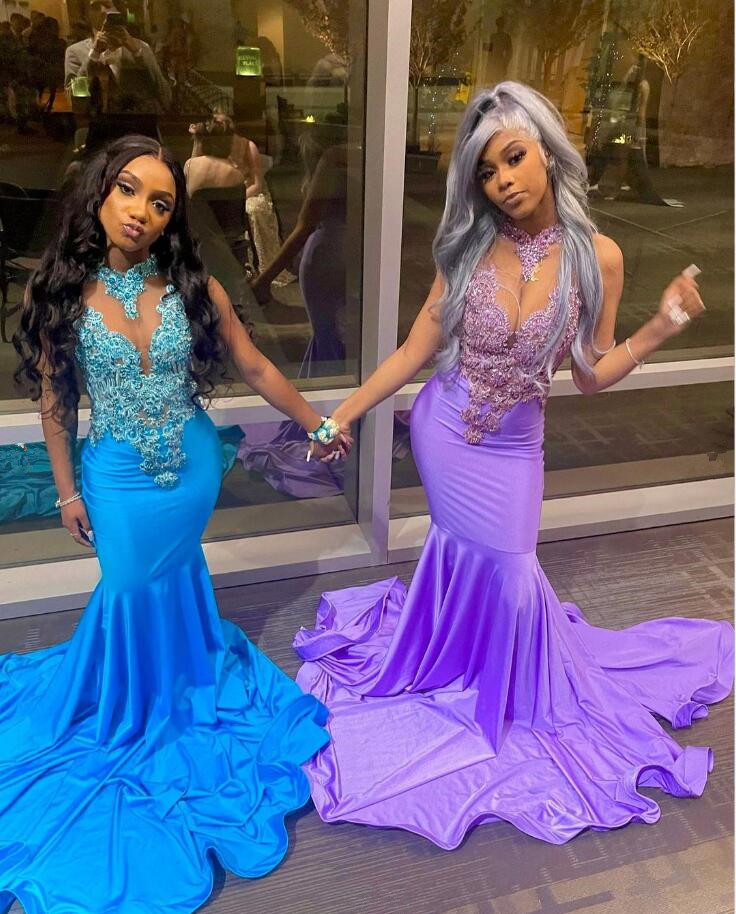 Blue Purple African Mermaid Evening Formal Dresses for Women Luxury Crystal Applique Prom Ceremony Dress vestidos de fiesta