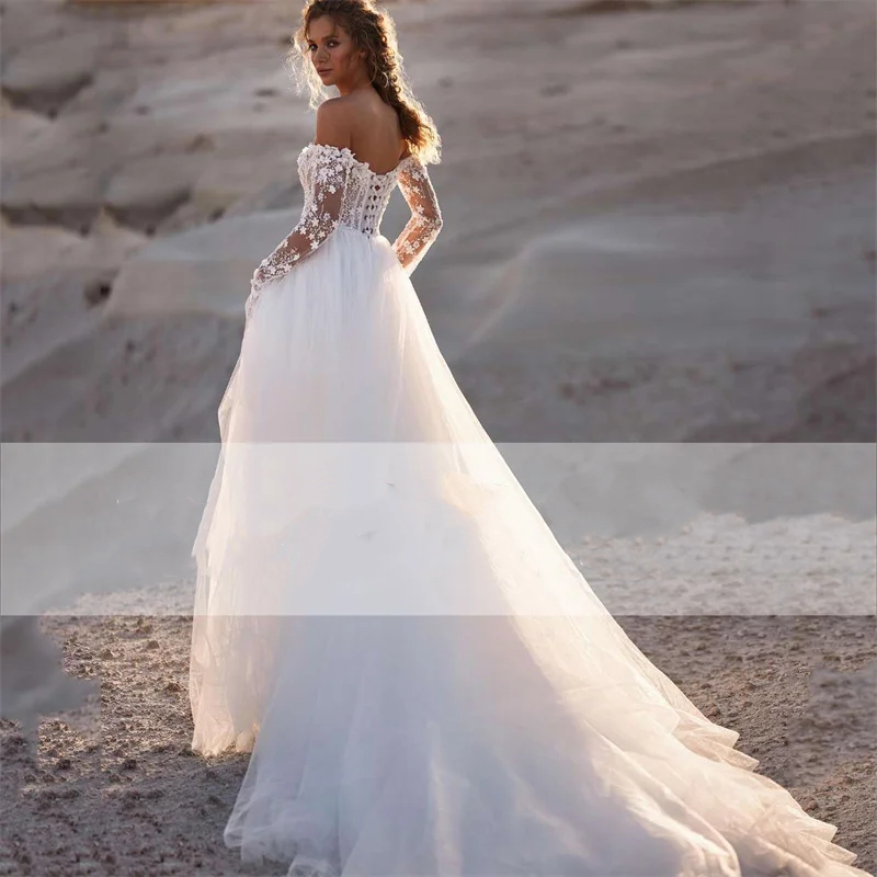 Off The Shoulder Boho Wedding Dress Long Sleeves Ivory Tulle A Line Bridal Gowns 3D Floral Appliques Corset Beach Bride Dresses Custom Made