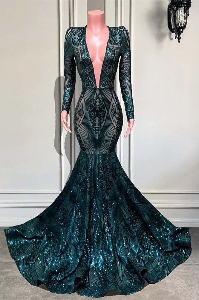 Emerald V-Neck Sequins Lace Prom Dress Mermaid Sheer Long Sleeves Evening Gowns Formal Occasion Party Dress Black Girls Graduation Wears