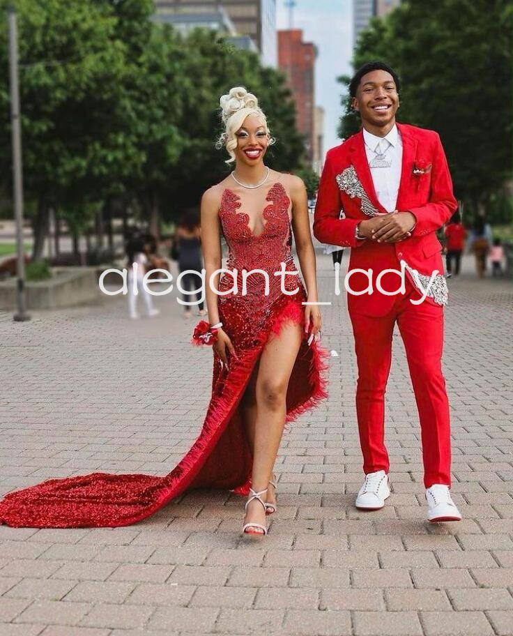 Red Velvet Sparkly Mermaid Prom Occasion Dresses for Women Luxury Diamond Crystal Slit Evening Ceremony Gown vestidos de gala