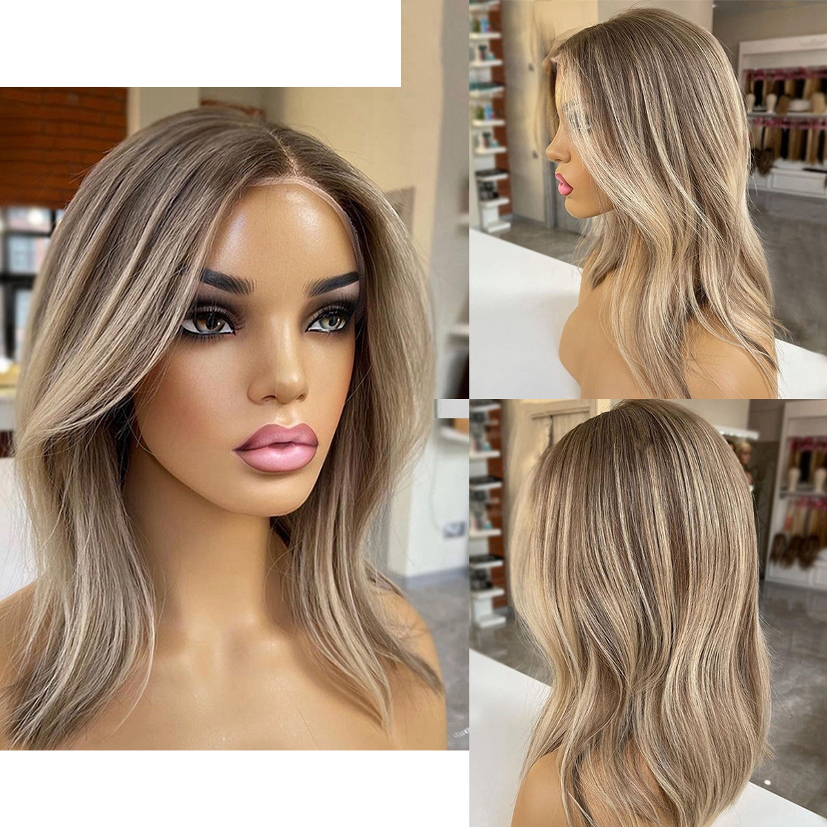 Premium Blonde Lace Front Human Hair Wig with Brown Highlights, Short Wavy Style for Women - 180% Density dh910320090