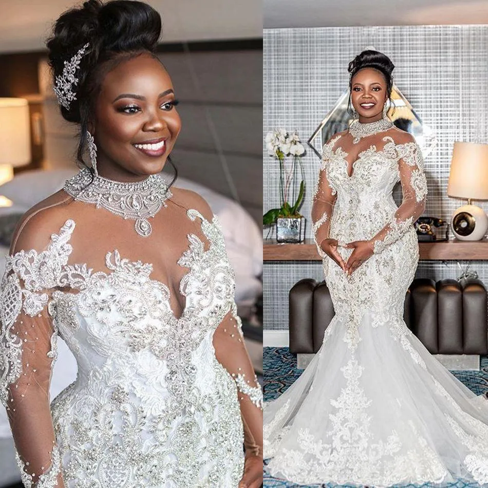African Nigerian Crystal Dresses Sheer Long Sleeves Lace Beaded Mermaid Bridal Wedding Gowns Elegant Robe De Mariee