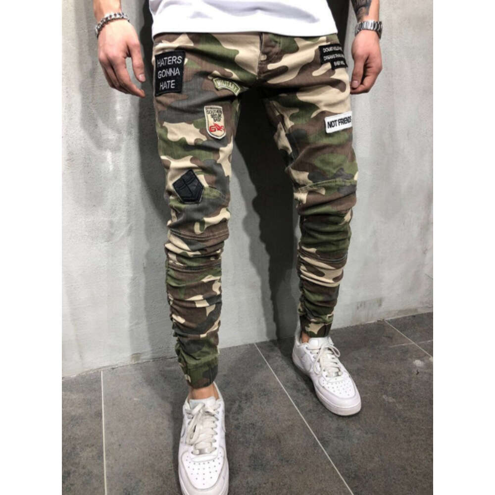 New Men's Jeans Without Closing for Spring Festival, Badge, Slim Fit, Tight Fitting, Elastic Cuffs, Camouflage Leggings