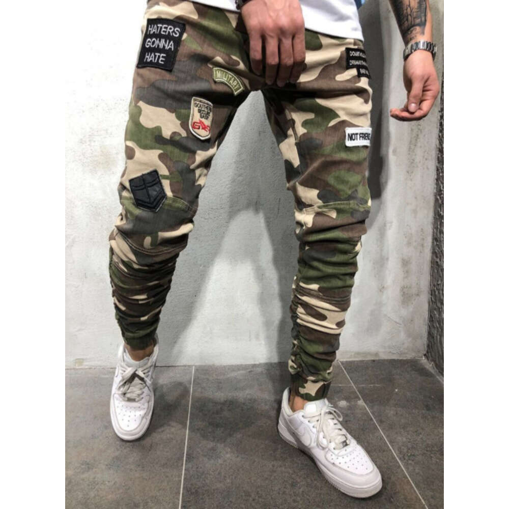 New Men's Jeans Without Closing for Spring Festival, Badge, Slim Fit, Tight Fitting, Elastic Cuffs, Camouflage Leggings