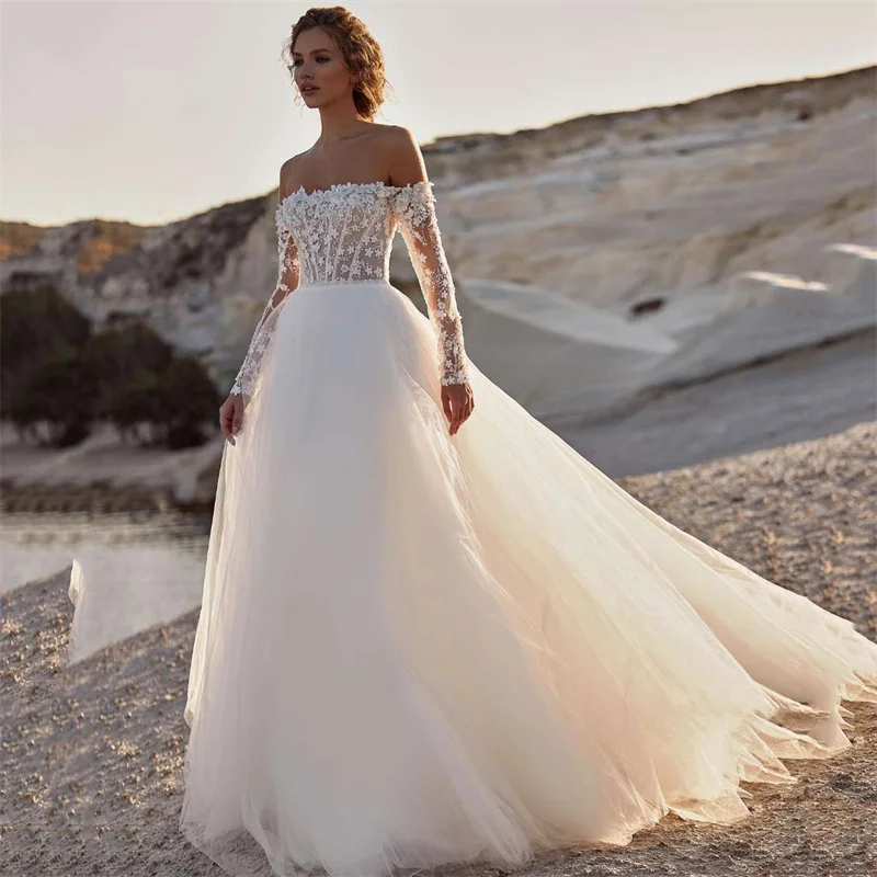 Off The Shoulder Boho Wedding Dress Long Sleeves Ivory Tulle A Line Bridal Gowns 3D Floral Appliques Corset Beach Bride Dresses Custom Made