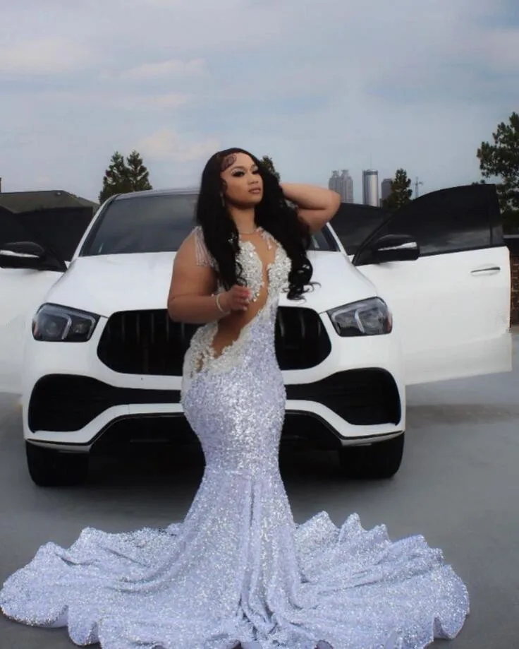 White Shimmering Sequins Mermaid Prom Dress Sexy Sheer Lace Appliques Plus Size Gown