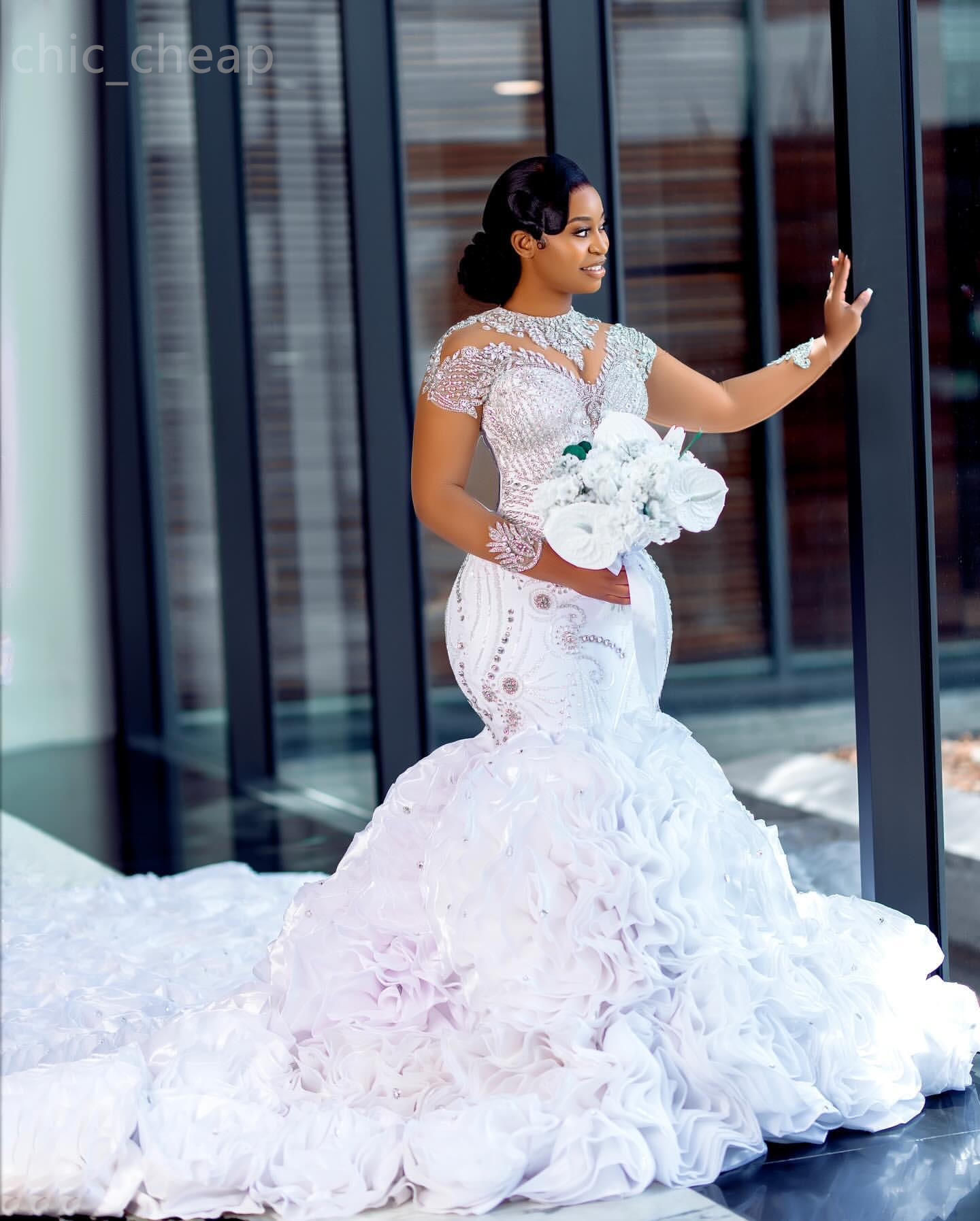 2024 Arabic Aso Ebi Plus Size Lace Luxurious Mermaid Wedding Dress Flowers Crystals Tiers Satin Bridal Gowns Dresses ZJ346
