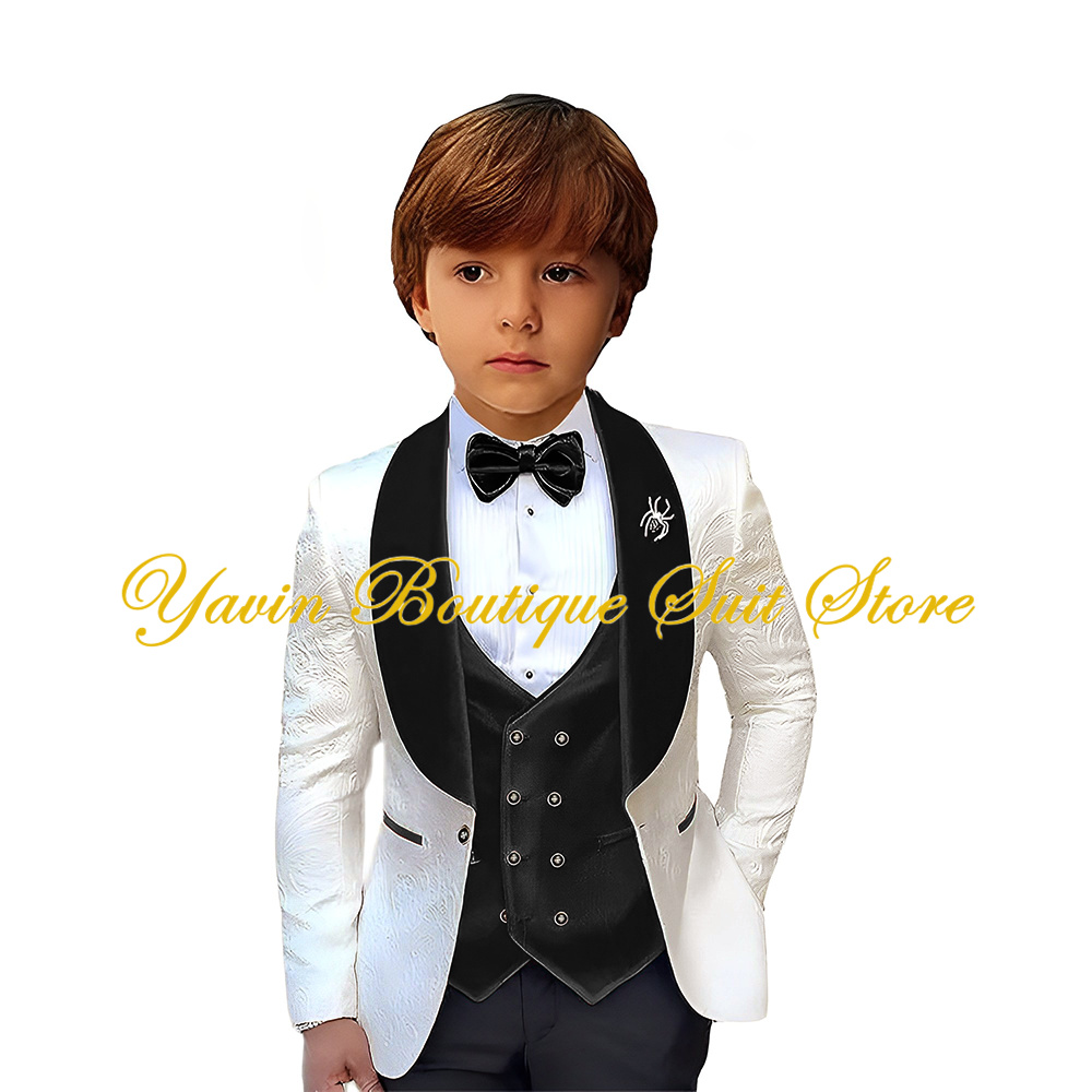 Velvet Collar Boy Suit Jacquard Blazer 3 Pieces Jacket Pants Vest Set Kids Wedding Tuxedo Formal Children Outfit