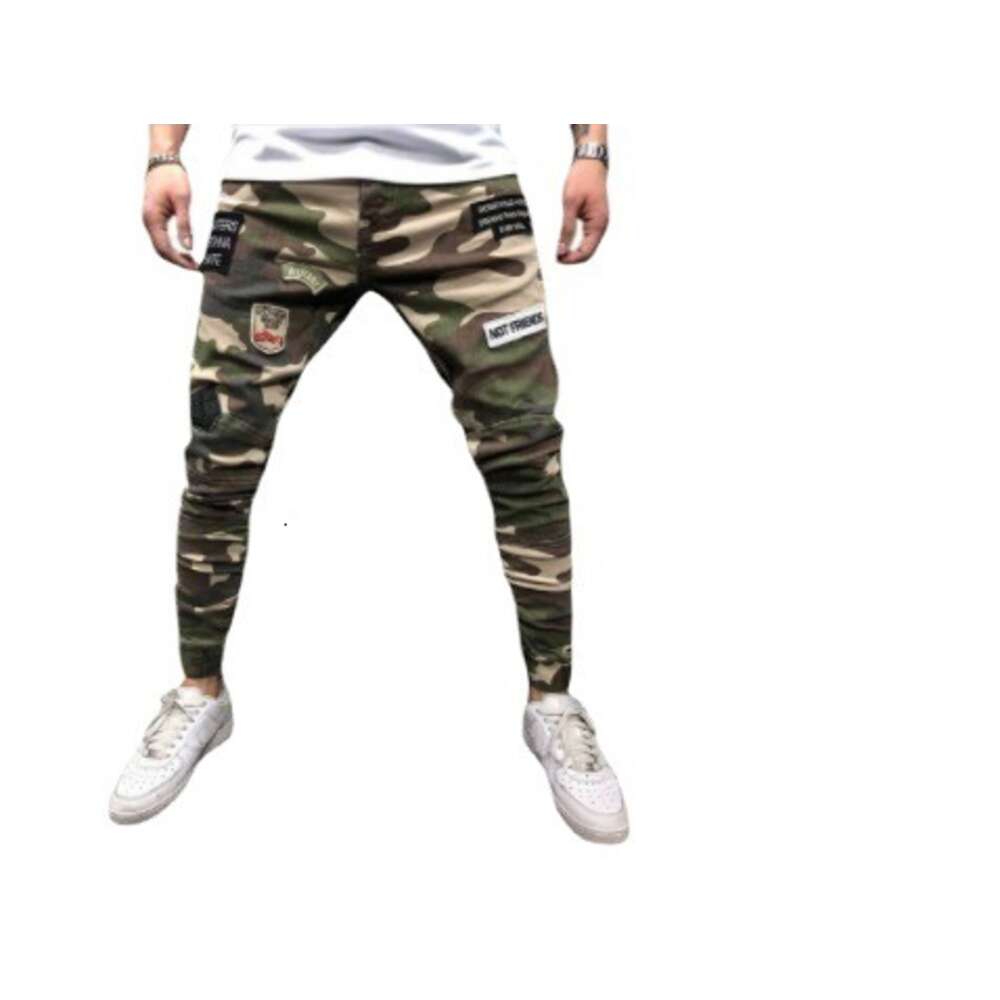 New Men's Jeans Without Closing for Spring Festival, Badge, Slim Fit, Tight Fitting, Elastic Cuffs, Camouflage Leggings