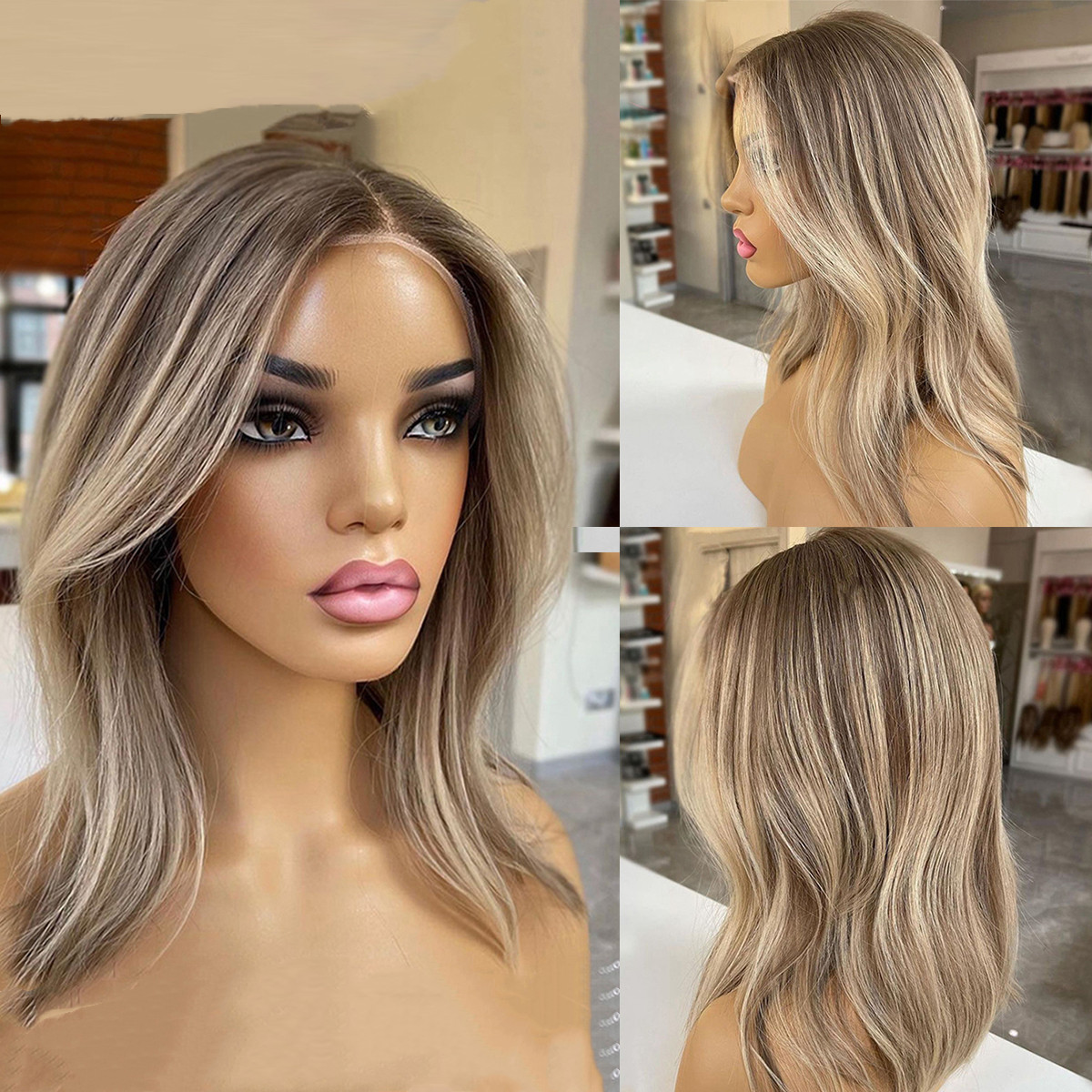 Premium Blonde Lace Front Human Hair Wig with Brown Highlights, Short Wavy Style for Women - 180% Density dh910320090