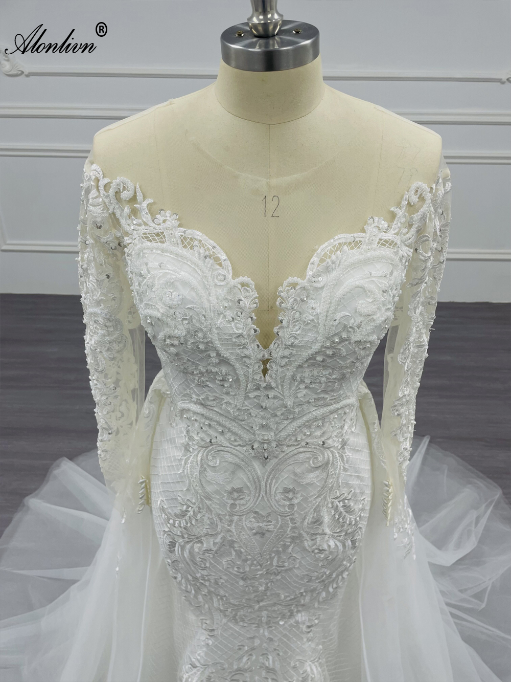 Alonlivn Elegant Mermaid Wedding Dress With Detachable Train 2 In 1 Tulle Beading Embroidery Bridal Gowns