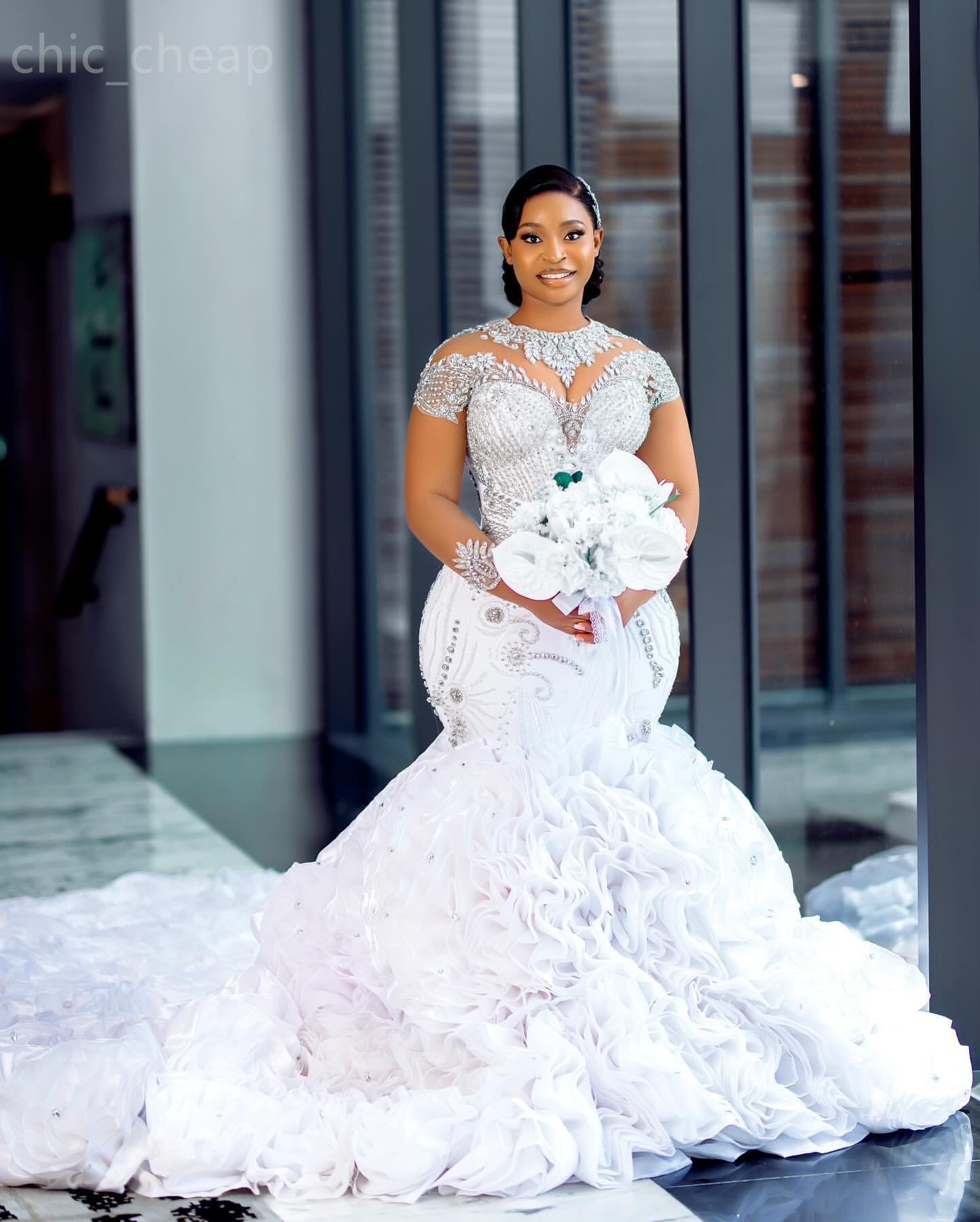 2024 Arabic Aso Ebi Plus Size Lace Luxurious Mermaid Wedding Dress Flowers Crystals Tiers Satin Bridal Gowns Dresses ZJ346